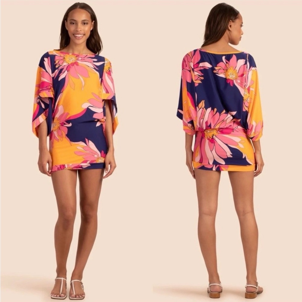 Trina Turk Navy, Yellow & Pink Floral Swim Cover-Up Tunic Medium